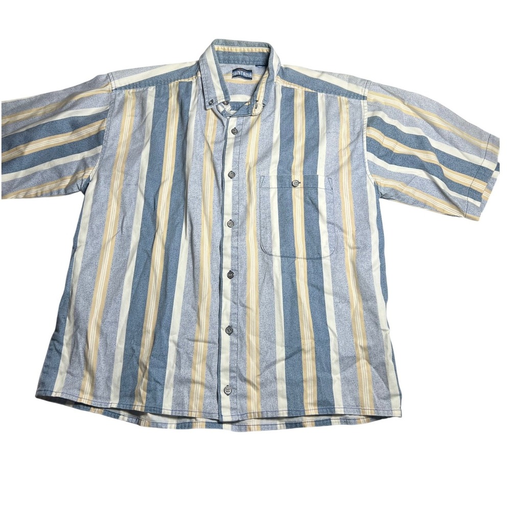 Vintage Blue Santana‎ Mens Short Sleeve Button Down Striped Shirt Blue Tan XL